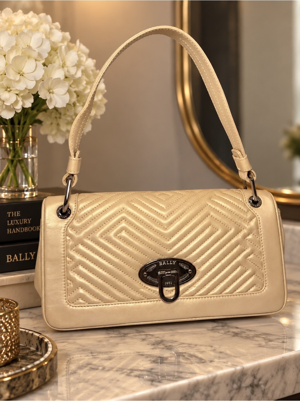 Bally Champagne Metallic Leather Quilted Baguette Shoulder Bag Italy